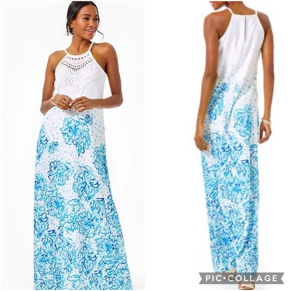 Lilly Pulitzer Pearl Halter Maxi Dress Resort White Karma Camellia Blue 4 - Picture 3 of 16